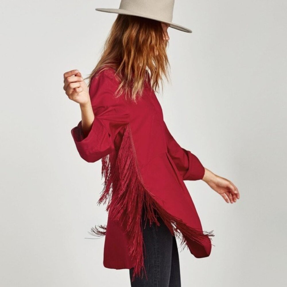 Zara Oversize Tunic With Western Side Fringe In Red Cotton Poplin Size XS EUC